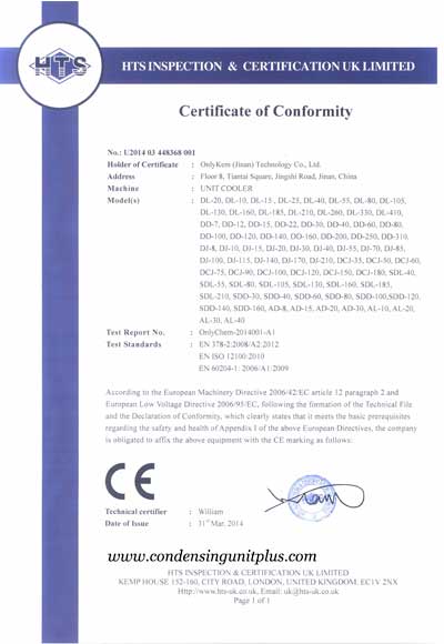 Condensing unit certificates of ONLYKEM Technology